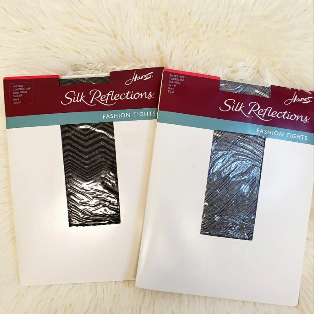 HANES 2 Pairs of Black Patterned Silk Reflections Sheer Fashion Tights--NWT--EF